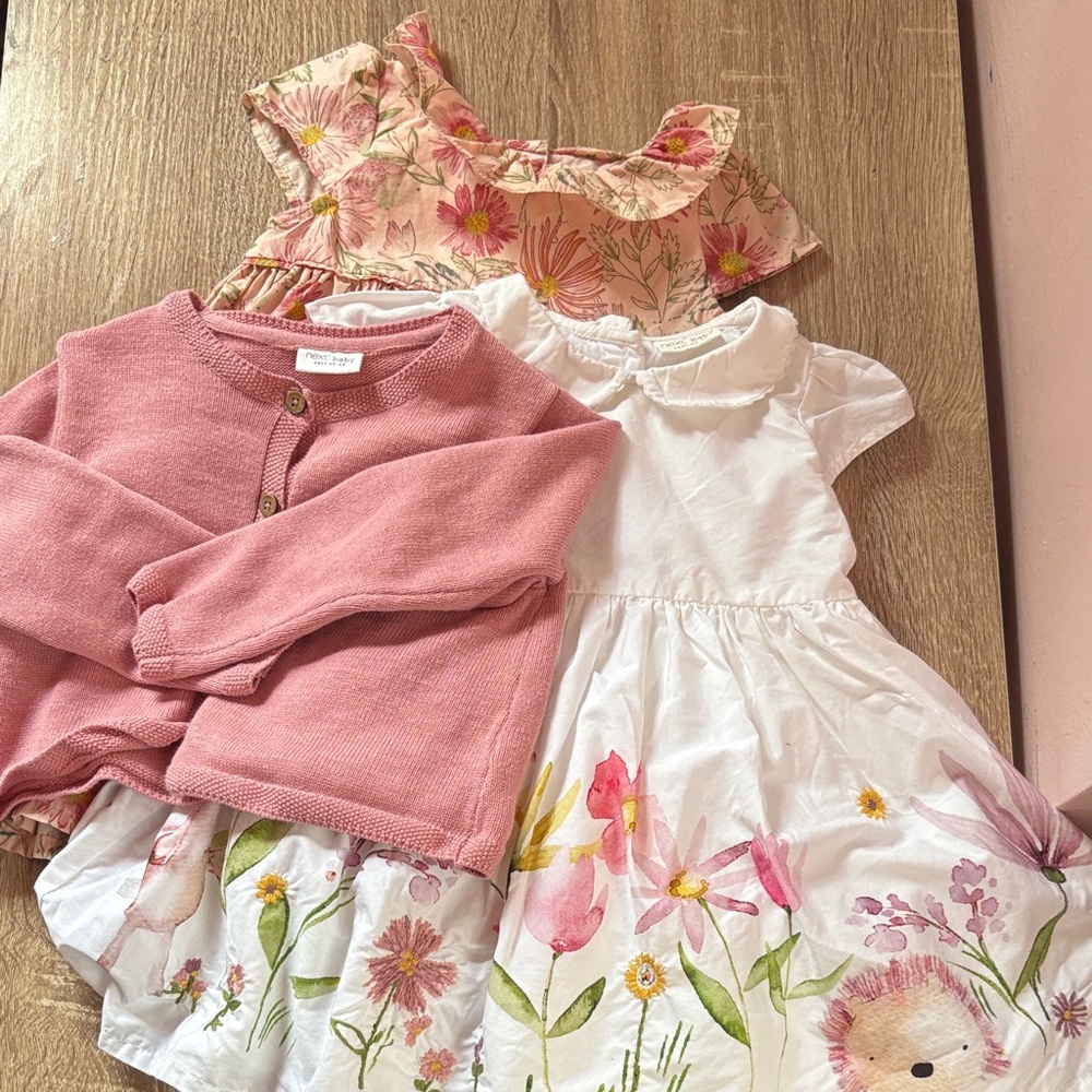 Next UK Pink Floral Dress Set w Pink and White Floral Dress w/ Pink Cardigan